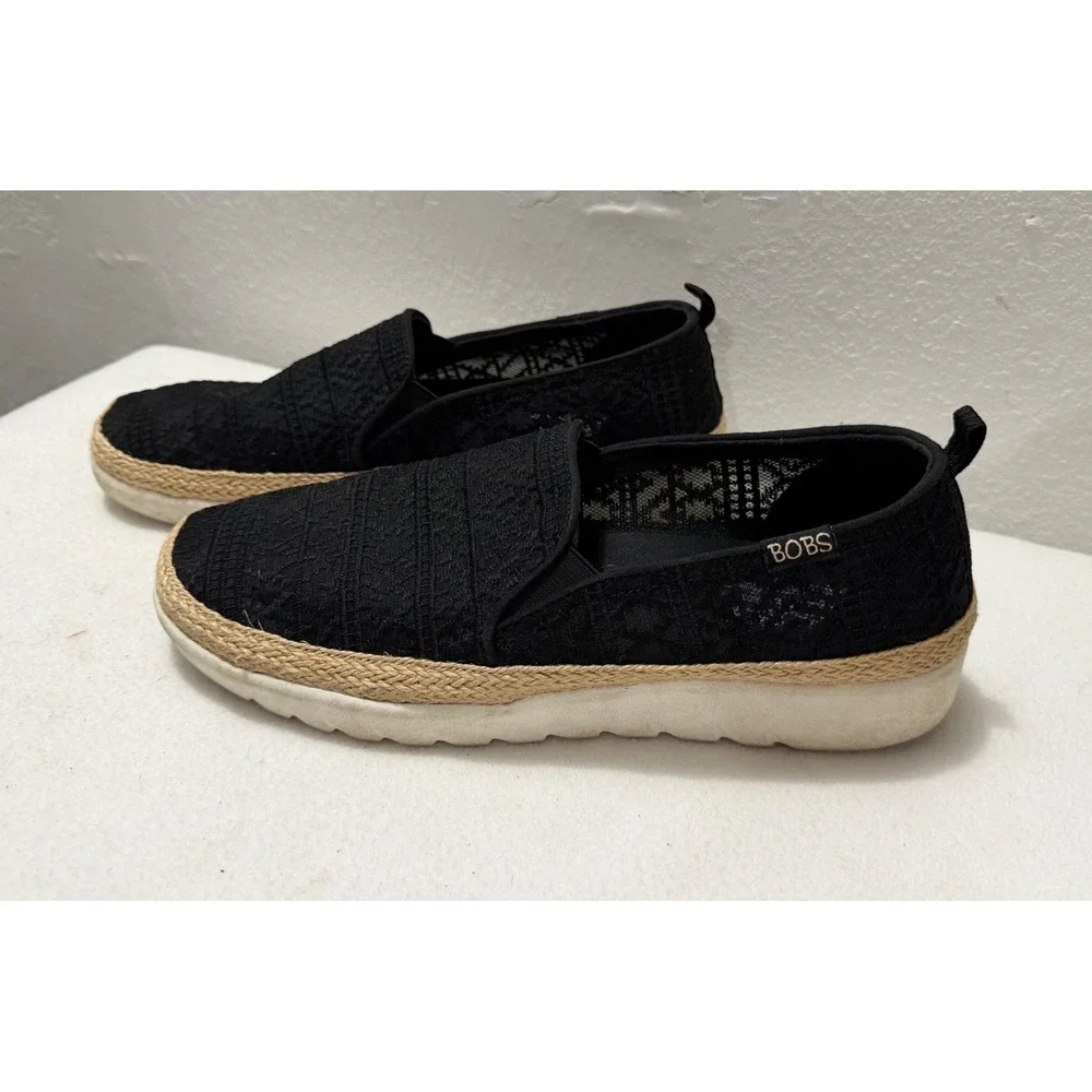 Skechers BOBS Women Black Crochet Espadrille Slip On Flats Memory Foam SZ 10